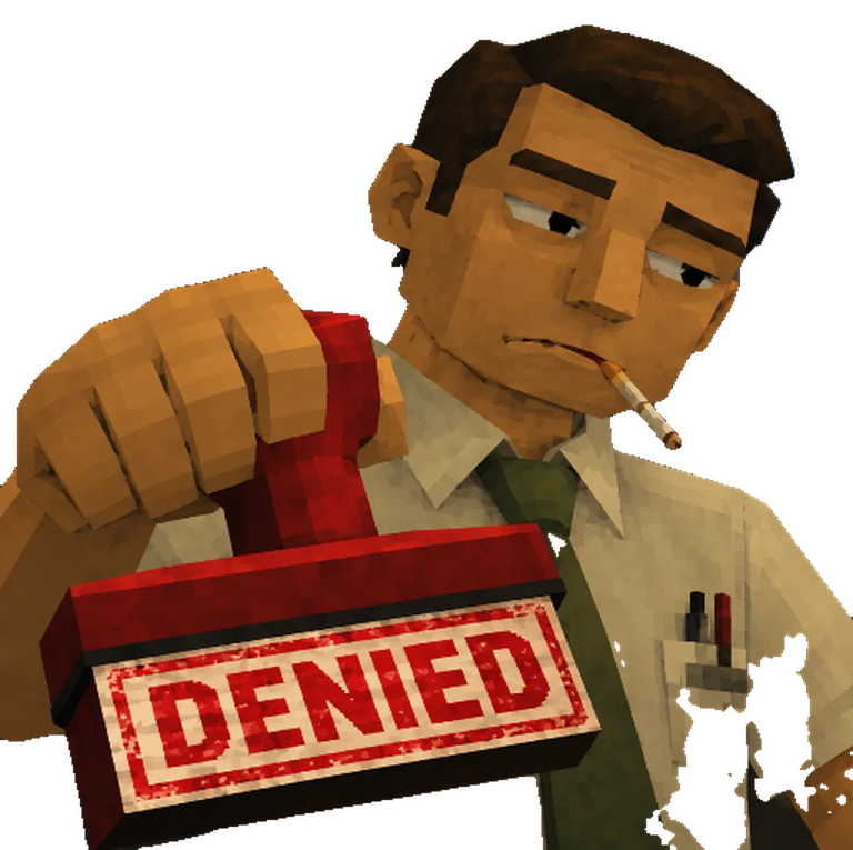 Blocky office clerk with a cigarette, slamming down a red DENIED stamp